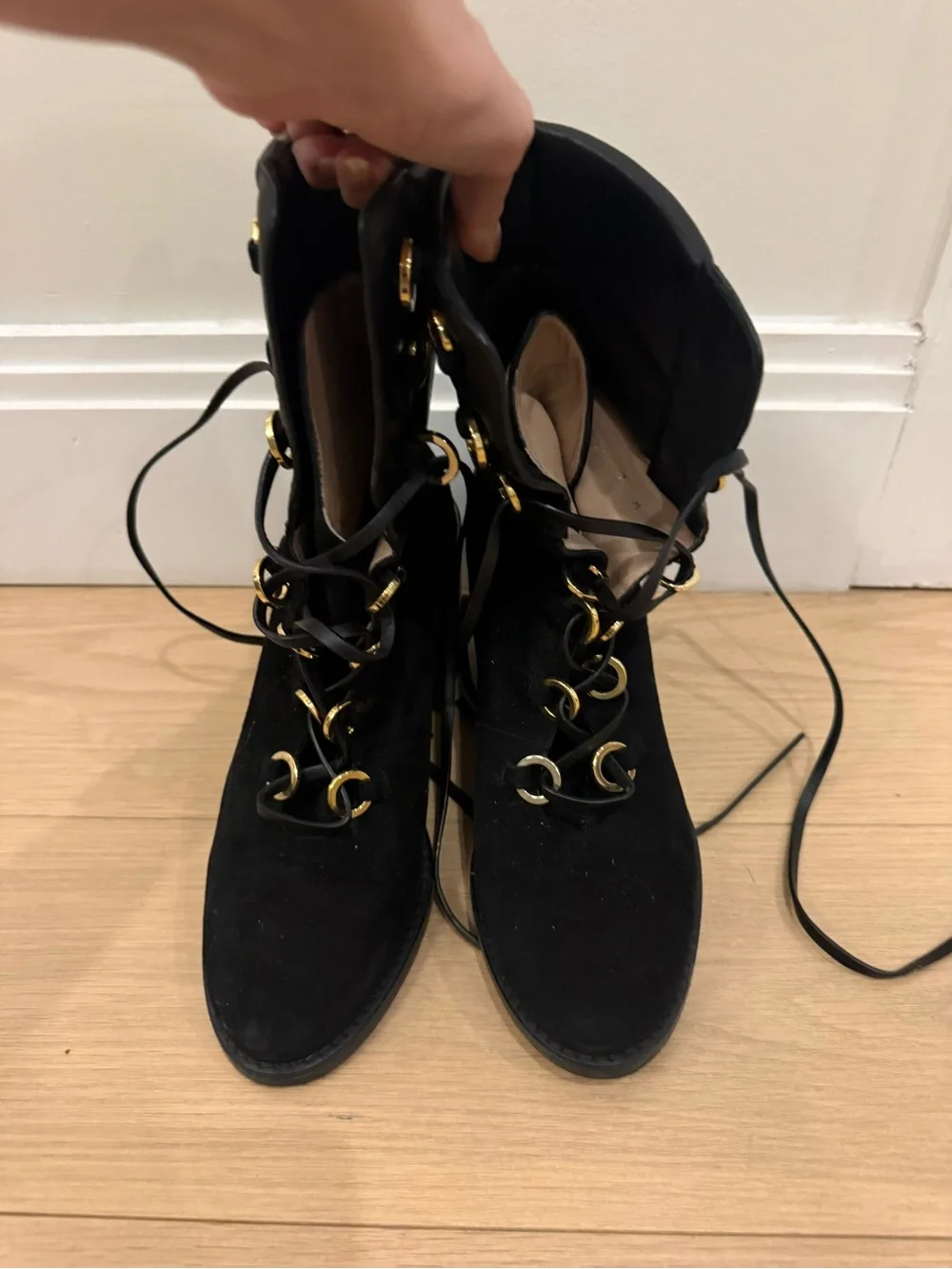 Stuart Weitzman Black Suede Lace-Up Ankle Boots with Gold Hardware